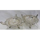 PAIR OF EDWARDIAN SILVER 3-HANDLED DISHES WITH PIERCED BORDER ON 3 SCROLL SUPPORTS,