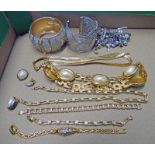 VARIOUS GILDED & GEM SET NECKLACES & BRACELETS, CHARM BRACELET, EARRINGS,