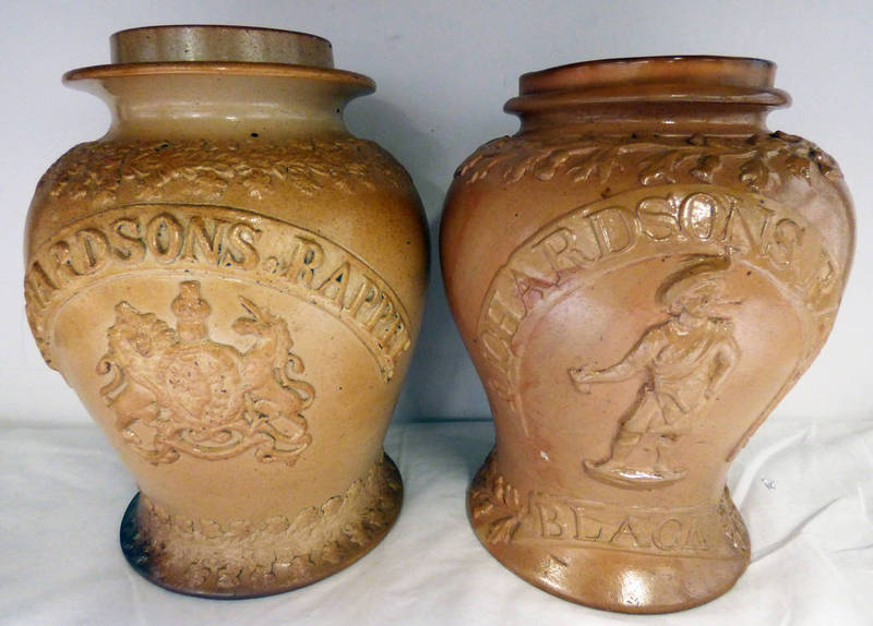 2 19TH CENTURY GLAZED STONEWARE RICHARDSONS RAPPEE TOBACCO JARS WITH RELIEF MOULDED DECORATION -