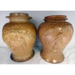 2 19TH CENTURY GLAZED STONEWARE RICHARDSONS RAPPEE TOBACCO JARS WITH RELIEF MOULDED DECORATION -