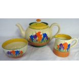 CLARICE CLIFF CROCUS PATTERN 3 PIECE TEASET Condition Report: All pieces have some