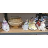 ROYAL WORCESTER BLUSH IVORY JARDINIERE - A/F & 6 ROYAL DOULTON FIGURES INCLUDING HANNAH,