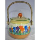 ROYAL STAFFORDSHIRE CLARICE CLIFF CROCUS PATTERN LIDDED BISCUIT BARREL WITH SWING HANDLE - 15 CM