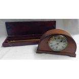 INLAID MAHOGANY MANTLE CLOCK AND BRASS MILITARY PARALLEZ RULES IN FITTED CASE