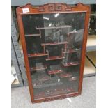 ORIENTAL HARDWOOD WALL MOUNTED DISPLAY CABINET WITH LITTER SHELVED INTERIOR - 84CM TALL