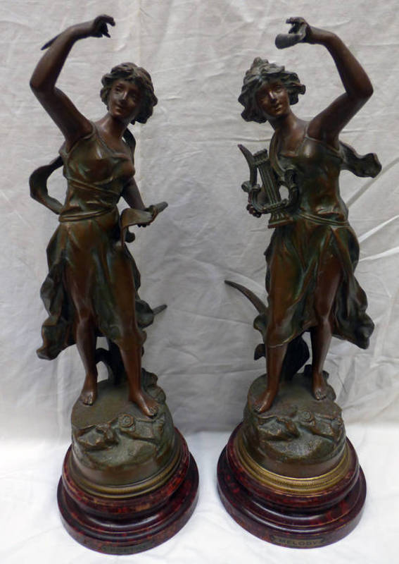 PAIR OF SPELTER METAL FIGURES: MELODY AND POETRY - 44CM TALL