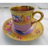 EARLY 20TH CENTURY LILAC & GILT CABINET CUP & SAUCER WITH FLORAL DECORATION SIGNED E.