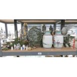 2 ORIENTAL GREEN JUNKS, SIMILAR PLAQUE ON STAND, PAIR CHINESE PORCELAIN VASES, VARIOUS FIGURES,