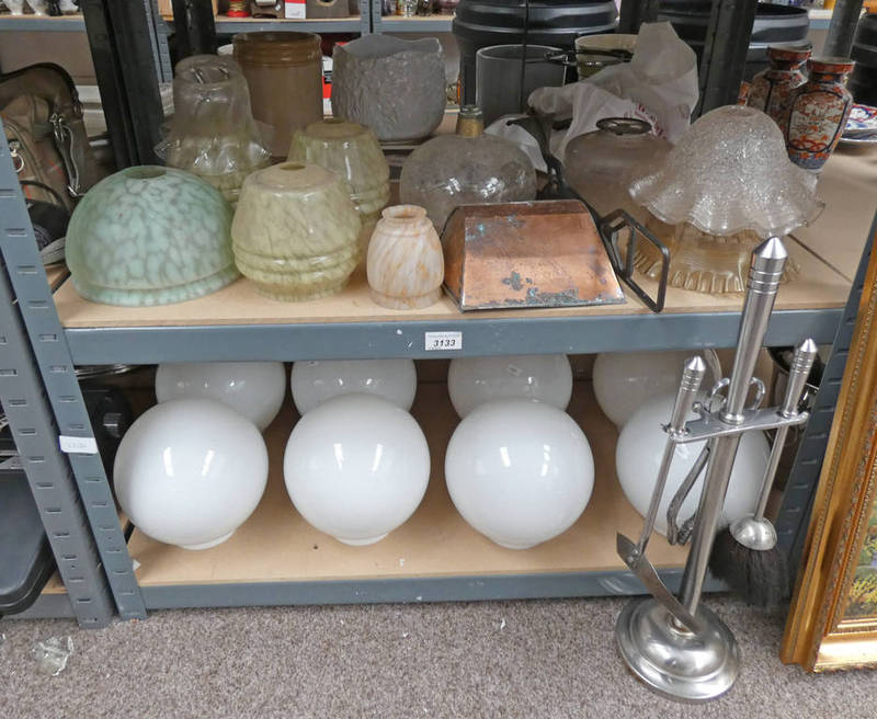 SELECTION OF VARIOUS CENTRE CEILING & OTHER GLASS LIGHT SHADES GLASS OIL LAMP FONT ETC ON 2 SHELVES