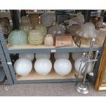 SELECTION OF VARIOUS CENTRE CEILING & OTHER GLASS LIGHT SHADES GLASS OIL LAMP FONT ETC ON 2 SHELVES