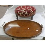 EDWARDIAN MAHOGANY OVAL GALLERY TRAY WITH TWIN BRASS HANDLES & MAHOGANY OVAL FOOTSTOOL