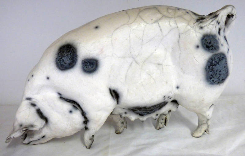 SIGNED ART POTTERY PIG: OLD SPOT - 26CM LONG