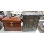 ARTS & CRAFTS PEWTER COAL BOX WITH TWIN HANDLES & LEATHER CASE