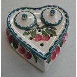 WEMYSS WARE HEART SHAPED INKWELL STAND DECORATED WITH CHERRIES, GLASS LINERS & LIDS,