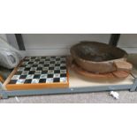 MODERN CHINESE CHESSBOARD & 2 CARVED WOODEN BOWLS ON 1 SHELF