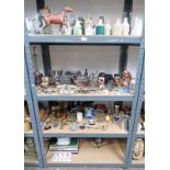 LARGE SELECTION OF STONEWARE BOTTLES, SILVER PLATED WARE, BESWICK HORSE,