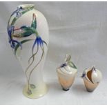 FRANZ PORCELAIN LONG TAIL HUMMINGBIRD VASE - 36CM TALL TOGETHER WITH 2 SMALLER FRANZ PORCELAIN