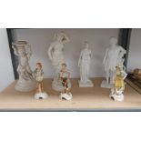 3 GOEBEL PORCELAIN FIGURES & 4 PARIAN WARE FIGURES ON 1 SHELF Condition Report: The