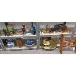 BRASS TRAY TOP FOLDING TABLE, COLOURED GLASS CHEMIST JARS, DOULTON BURSLEM DISH,