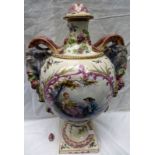 FRENCH FAIENCE PORCELAIN VASE WITH PAINTED PARCELS & TWIN BACCHUS MASK HANDLES ON SQUARE BASE WITH