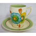 CLARICE CLIFF COFFEE CUP & SAUCER WITH FLORAL DECORATION