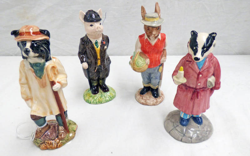 FOUR BESWICK PORCELAIN FIGURES INCLUDING GARDENER RABBIT, SHEPHERD SHEEP DOG,