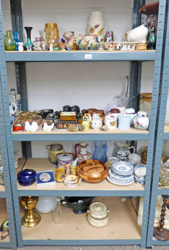 LARGE SELECTION OF PORCELAIN ETC INCLUDING SYLVAC BOWL, BRASS & OAK SCALES, ORNAMENTS,