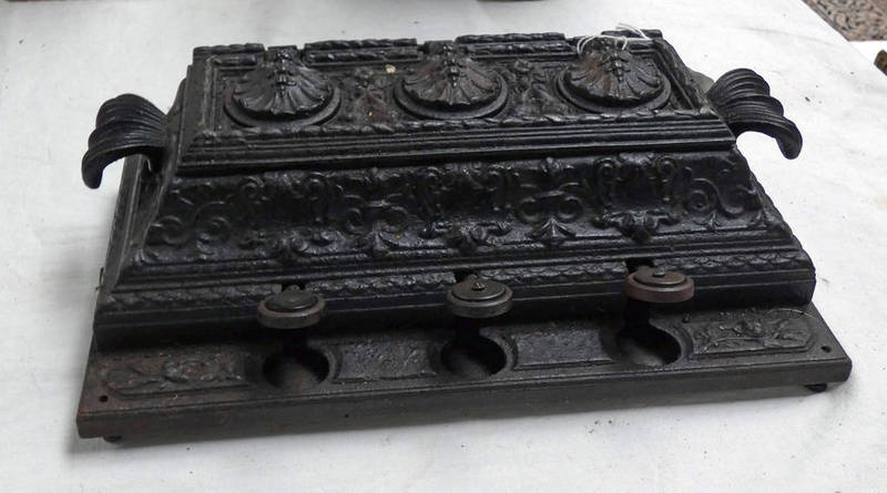 LATE 19TH CENTURY CAST IRON DESK SET WITH TWIN CARRYING HANDLES & 3 PUSH BUTTONS LIDS OPENING TO