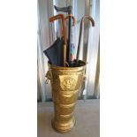 BRASS STICK STAND AND VARIOUS STICKS,