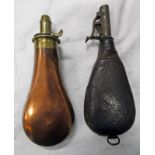 19TH CENTURY SYKES COPPER BODIED POWDER FLASK WITH BRASS NOZZLE,