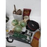 SELECTION OF ITEMS TO INCLUDE A CIRCULAR BAROMETER BY SHORT & MASON LTD, LONDON, GREEN GLASS FLOATS,