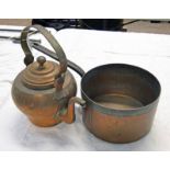 19TH CENTURY COPPER 5 LITRE KETTLE AND A COPPER POT WITH METAL HANDLE