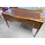 EARLY 20TH CENTURY INLAID MAHOGANY DESK WITH LEATHER INSET TOP & CENTRALLY SET DRAWER FLANKED BY