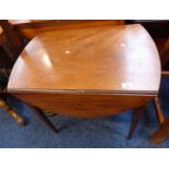 19TH CENTURY MAHOGANY DROP LEAF TABLE WITH BOXWOOD INLAY & OVAL LEGS ON SQUARE TURNED SUPPORTS