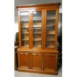 VICTORIAN MAHOGANY BOOKCASE WITH 3 GLAZED DOORS OVER 3 PANEL DOORS ON PLINTH BASE