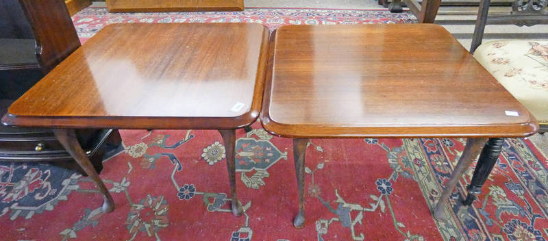 PAIR OF MAHOGANY TOPPED SQUARE OCCASIONAL TABLES