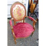 CONTINENTAL BEECH OPEN ARMCHAIR WITH TAPESTRY BACK ON TURNED SUPPORTS