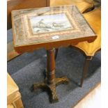 PINE TABLE WITH DECORATIVE BORDER ON CENTRE COLUMN,