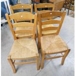 SET OF 4 PINE KITCHEN CHAIRS WITH RUSHWORK PADS