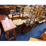 2 PINE STOOLS, RAFFIA WORK HIGH CHAIR, OAK TROLLEY,