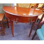 19TH CENTURY MAHOGANY DEMI-LUNE SIDE TABLE WITH DRAWER AND SQUARE SUPPORTS