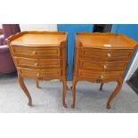 PAIR OF CONTINENTAL BEECH 3 DRAWER BEDSIDE CHESTS WITH GALLERIED TOP AND CABRIOLE SUPPORTS