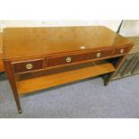 20TH CENTURY MAHOGANY SIDE TABLE WITH 3 DRAWERS UNDERSHELF & SQUARE SUPPORTS
