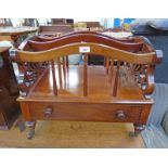 19TH CENTURY MAHOGANY CANTERBURY WITH DRAWER AND TURNED SUPPORTS