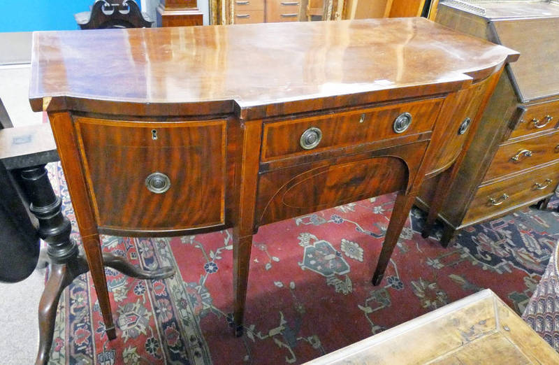 19TH CENTURY MAHOGANY SIDEBOARD WITH SHAPED FRONT AND 2 CENTRALLY SET DRAWERS FLANKED BY 2 PANEL