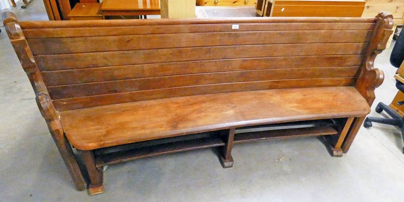 19TH CENTURY PINE CURVED HALL BENCH 215CM LONG