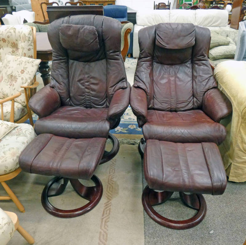 PAIR BROWN LEATHER SWIVEL ARMCHAIR & STOOLS