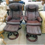 PAIR BROWN LEATHER SWIVEL ARMCHAIR & STOOLS