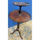 LATE 19TH CENTURY INLAID MAHOGANY 2 TIER WINE TABLE WITH TURNED COLUMN & SPREADING SUPPORTS