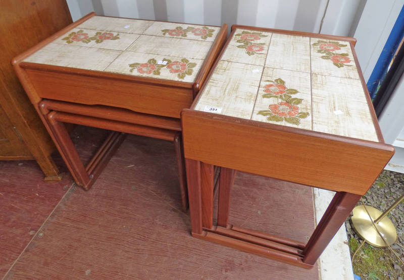 PAIR TEAK NEST OF TABLES WITH TILED TOP & DRAWERS BELOW